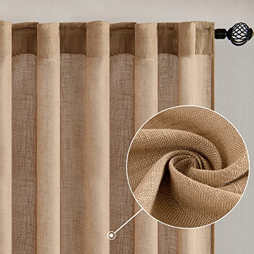MIULEE Brown Linen Curtains 90 Inches Long for Bedroom Living Room, Soft Thick Linen Textured Window Drapes Semi Sheer Light Filtering Back Tab Rod Pocket Burlap Look Farmhouse Decor, 2 Panels Set