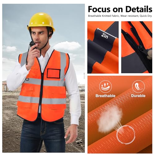 Image of 10 Pack Reflective Safety Vests with Pockets & Zipper, High Visibility Orange Construction Vest for Men Women, Durable ANSI Class 2 Work Vest Strips Vests for Outdoor Work