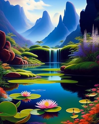 Landscape paint by number for adults canvas-Waterfall Lakes Paint by Numbers for Adults Beginner,Lotus Flower Acrylic Watercolor Paint by Number,DIY Oil Painting for Home Wall Decor Gifts-16 x 20inch