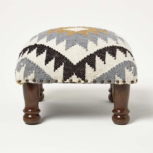 Image of HOMESCAPES Agra Kilim Footstool Traditional Handmade Black & Gold Footstool on Wooden Legs Square 40 x 40 x 25 cm Handwoven Wool & Cotton Pouffe with Indian Geometric Design