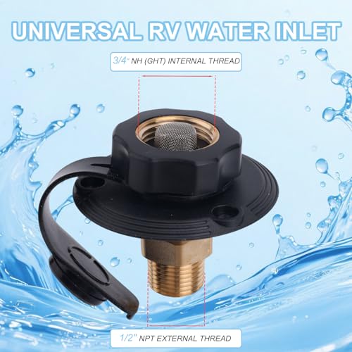 Image of BOXOB RV City Water Inlet with Brass Check Valve, 3 /4 inch NH Female to 1 /2 inch NPT Male RV Fresh Water Inlet Filter Connection Replacement for Camper Trailer Motorhome (Black)