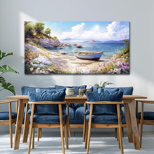 QIYILEXWART Canvas Wall Art For Living Room Wall Decor For Bedroom Office Wall Decoration Seaside Landscape Painting Boat Pictures Artwork Room Aesthetic Home Decor 20x40 In