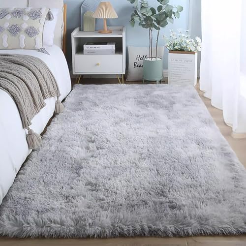HOUSERAN Shag Area Rug 185x185cm Tie Dyed Grey, Plush Fluffy Fur Rug for Living Room Square Carpet for Bedroom Dorm Nursery Indoor - Image 3