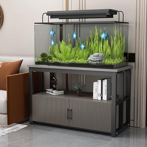 LKYLGYU Double Deck Aquarium Stand, Heavy Duty Metal Frame with Storage Cabinet, 50-120cm Fish Tank Rack, Stable Wood Shelves for Home Office, Anti-Slip Base, Easy Assembly