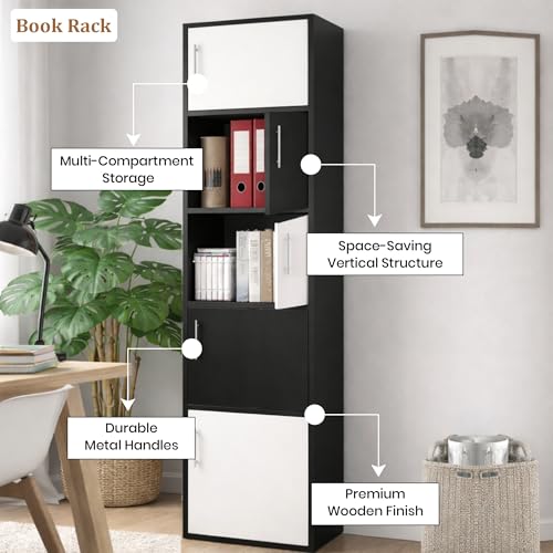 Image of Callas Wooden Book Rack | Multi-Compartment Storage Cabinet | Space-Saving Vertical Bookshelf with Doors | Durable & Sturdy Organizer for Home & Office (Black, 5 Tier)