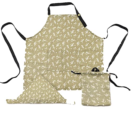 ヤクセル 収納袋付き エプロン 子供用 3点セット 身長 120~150cm 三角巾 巾着 調理実習 L きょうりゅう ベージュ 50519