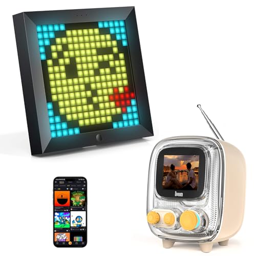 Image of Divoom Tiivoo-2 Cream Pixel Art Mini TV Retro Bluetooth Speaker with FM Radio and Divoom Pixoo - Pixel Art Digital Picture Frame with 16x16 LED Display APP Control - Cool Animation Frame Wall