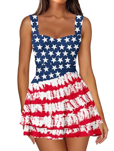 Image of IWD Women's Square Neck Sleeveless Mini Dress Ruched Waist Tiered Ruffle Hem A Line Short Dresses