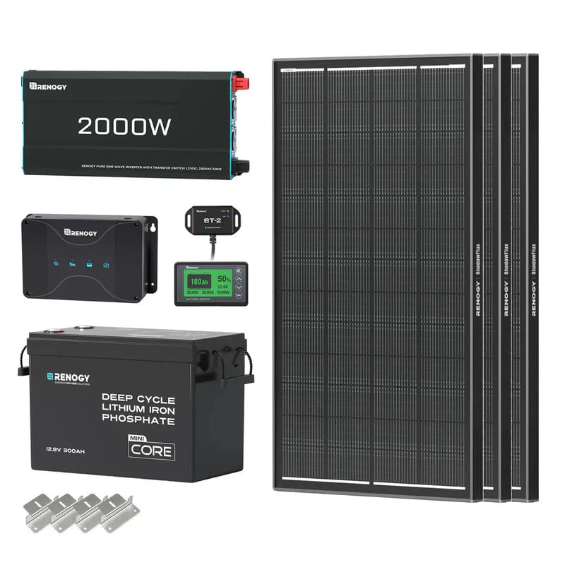 Renogy 600W 12V Solar Panel Kit, 3.84kWh, Ideal for RVs, Boats, Homes: 3pcs 200W ShadowFlux N-Type Solar Panel + 300AH LiFePO4 Battery + 50A DC DC Charger with MPPT+ 2000W 12V Pure Sine Wave Inverter