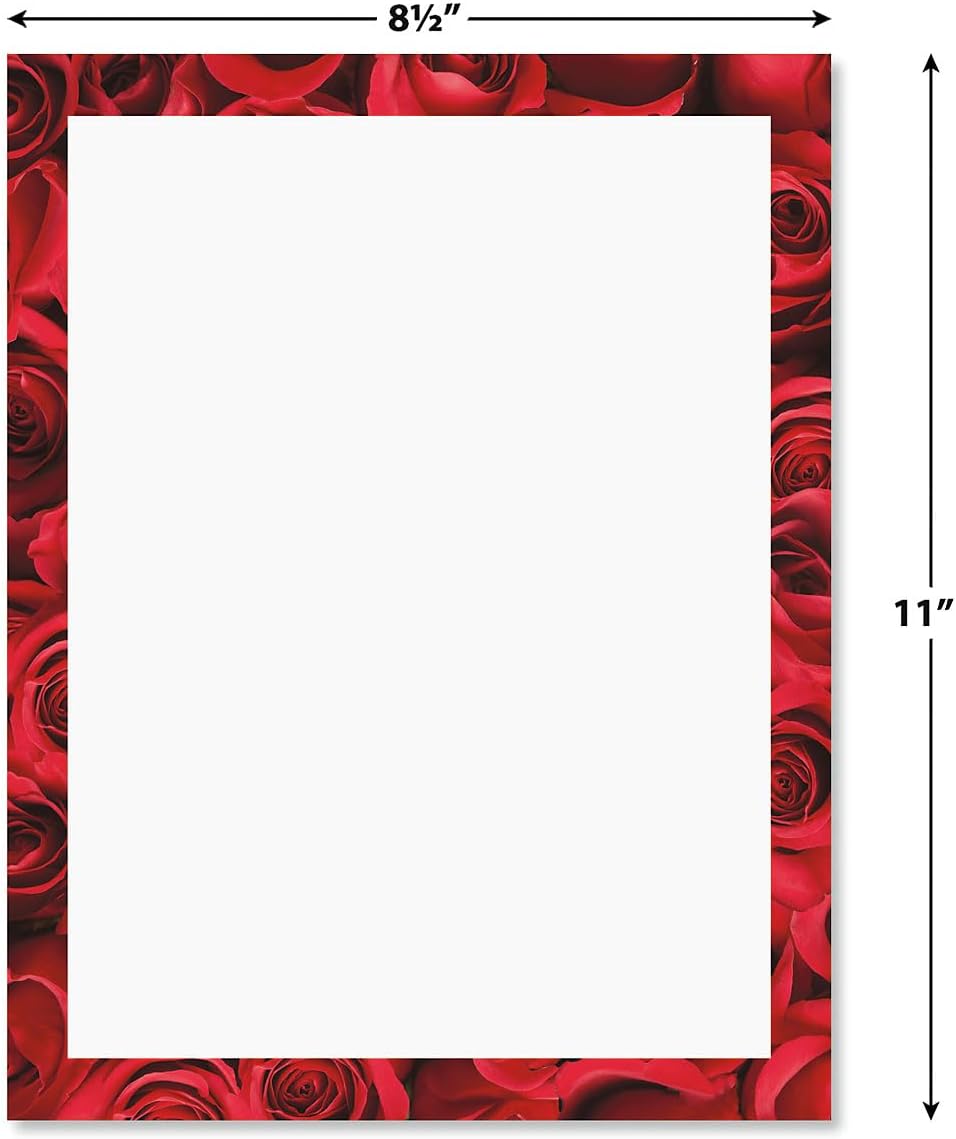 Bed of Roses Frame on White Letter Papers - Set of 25 Valentine's Day Stationery, 8 1/2 x 11 inch computer paper, Wedding