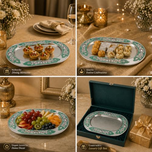 Image of Decorative Oval Metal Tray with Turquoise Enamel & Crystal Floral Border | Premium Silver Finish Display Tray for Home Decor, Coffee Table, Dining Table, Centerpiece, Console & Gift Item