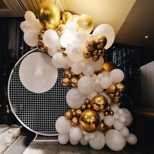 Image of White and Gold Balloons Garland Arch Kit, White and Gold Confetti Latex Balloons for Graduation, Wedding, Baby Shower, Engagement, Birthday Party Decorations