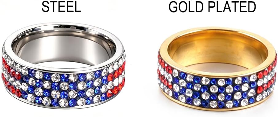 Patriotic American Flag Ring for Women Men – Rhinestone Crystal USA Flag Stainless Steel Band