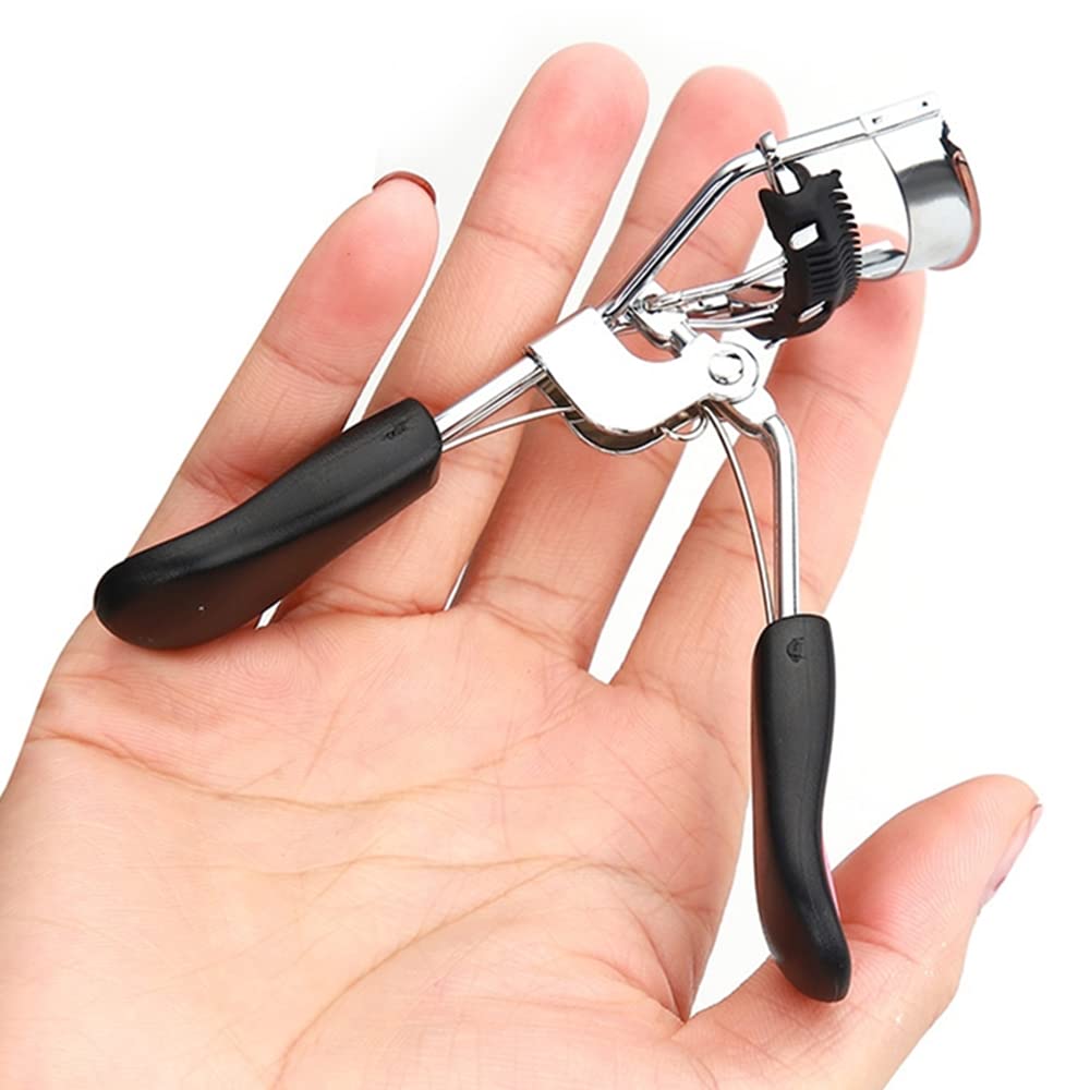 Rizador de pestañas de acero inoxidable con peine integrado, sin dolor, adecuado para cualquier forma y tamaño de ojos, con 5 almohadillas de repuesto de silicona (corazón negro y melocotón)