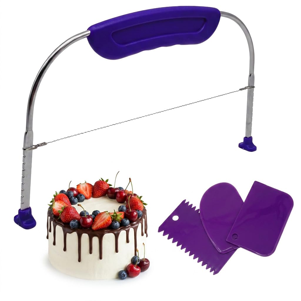 Cake Leveller Cutter with 3 PCS Oval Scrapers, Adjustable Stainless Steel Cake Slicer with Non-Slip Handle, Professional Layered Cakes Baking & Decorating Tool (Purple)