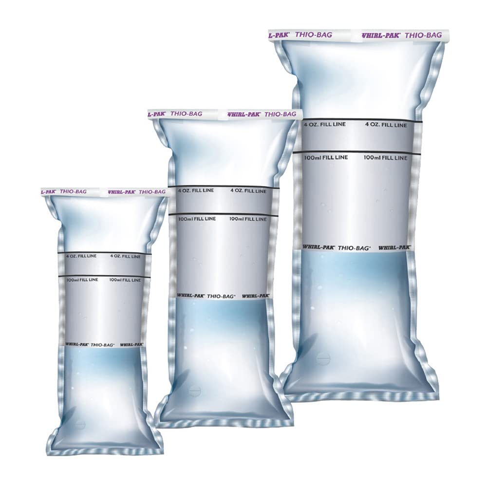 Whirl-Pak Low Density Polyethylen Thio Sterilisierter Beutel mit Schriftfeldund Natriumthiosulfat, Selbststehend, Transparent, 100ml Kapazität, 185mm Länge, 75mm Breite, 100 Stück