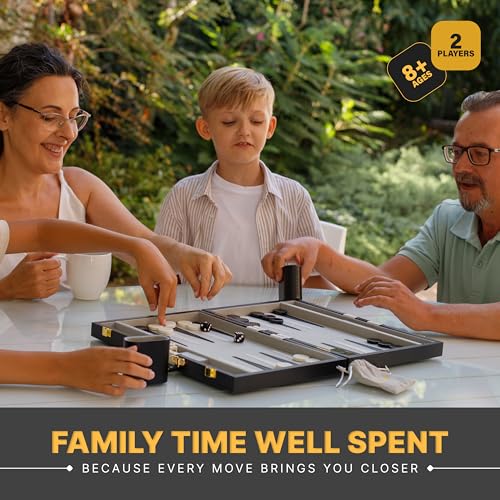 Image of Large Black Backgammon Sets for Adults - Classic Board Games for 2 Players Adults and Kids - Premium Backgammon Set 15 Inch Board and 32 Backgammon Pieces in Quality PU Leather Case