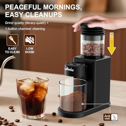 Wancle Conical Burr Coffee Grinder Touch Edition Electric Coffee Bean Grinder - 25 Grind Settings, Precision Timer, Anti-Static, Compact with Air Blower, 200W Motor - 4