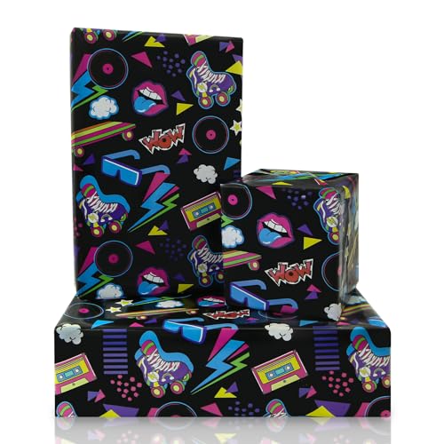 80s 90s Wrapping Paper for Boy Girl Kids Hip-Hop Graffiti Electronic Music Birthday Wrapping Paper 4 Sheets Folded Flat 28x20 inch Gift Paper for 90s 80s Neon Retro Birthday Party Black Light Party