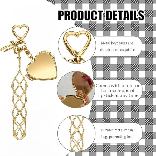Image of Metal Lipstick Holder with Mirror Golden Heart Clasp Portable Lipstick Organizer Case Makeup Lip Balm Holder Bag Charm Accessories Compact Travel Cosmetic Storage for Women (Lipstick Not Included)