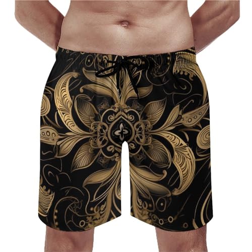 Men's Swim Trunks Black and Golden Pattern Beach Shorts Quick Dry Summer Bathing Suit Swimwear