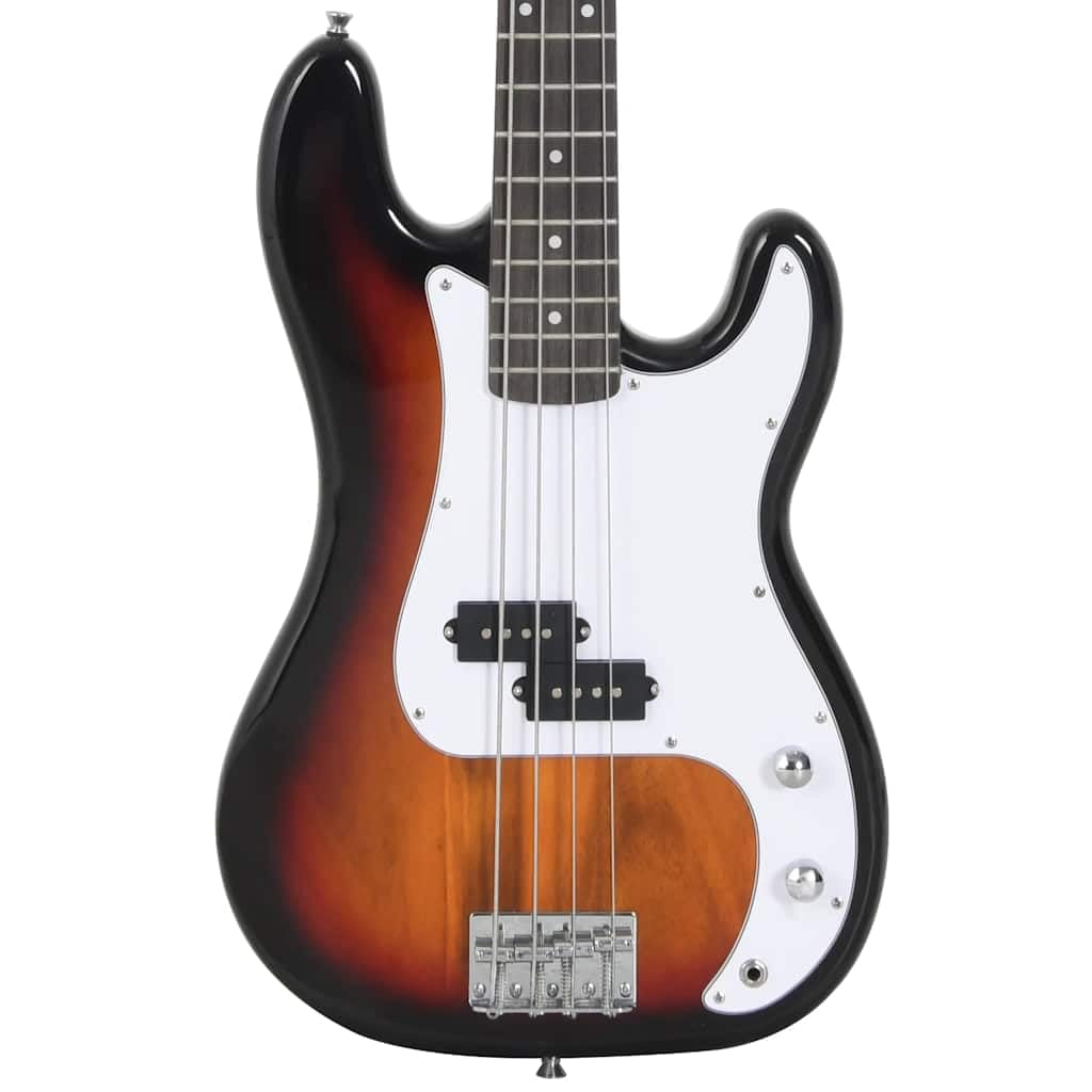 E-Bass für Anfänger 4/4 46 Zoll mit Tasche, Stimmgerät, Audiokabel und Plektrum Set, Birkenholz, Braun Weiß Farbverlauf, Gitarrengurt, Griffbrett für Musikunterricht, Bühne, Schule