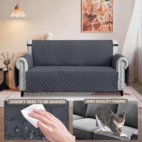 FIGOOO wasserdichte Sofabezug 3 Sitzer Dicke Sofaschoner Wasserdicht Gesteppte Sofa Überzug mit Seitentaschen Sofaüberwurf rutschfest Kratzfest für Haustiere Hunde Katzen,Dunkelgrau
