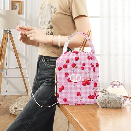 Image of ElliTarr Crochet Bag Yarn Bag with Handle Portable Knitting Project Bag Travel Yarn Storage Organizer Holder Case Pink Juicy Checkered Cherry