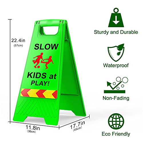 2 Pack Kids at Play Signs with Reflective Tape, Children at Play Safety Signs Double-Sided Text and Graphics Easier to Identify, Kids at Play Safety for Street Neighborhoods Commuity(Green)