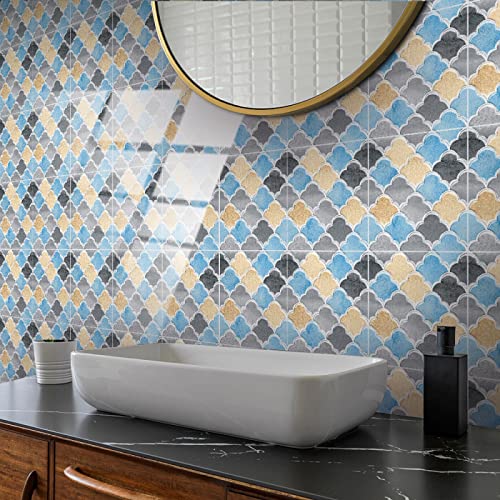 Azulejos Adhesivos Baño Patrón De Escala De Pescado Gris Amarillo Azul Vinilo Pared Cocina Pelar Y Pegar Impermeable para Muebles Chimenea Gabinete Baldosas Adhesivas Pared Decorativos