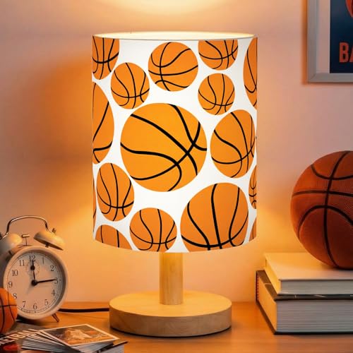 VIHOSE Basketball Kids Table Lamp for Bedroom Kids Bedside Lamp with Linen Wooden Nightstand Cartoon Nursery Lampshade for Girls Boys Living Room