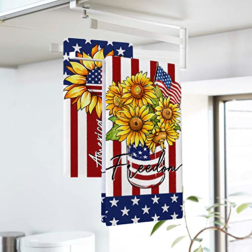 Seliem 4Th Of July Freedom America Patriotic Sunflower Kitchen Dish Towel Set Of 2, American Flag Floral Flowers Hand Towel Drying Baking Cooking Cloth, Summer Holiday Usa Kitchen Decor 18X26 Inches #TOP6