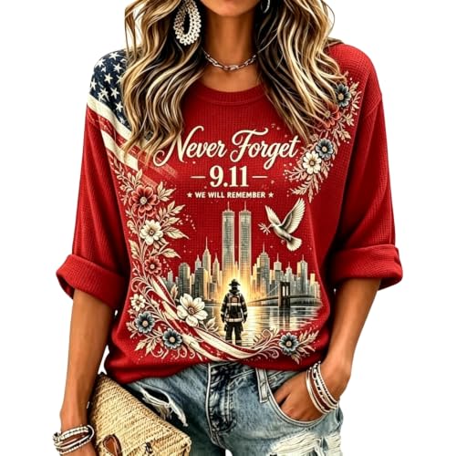 QWKLEAJ Women's 9/11 25th Anniversary We Will Never Forget Sweathirt C Red
