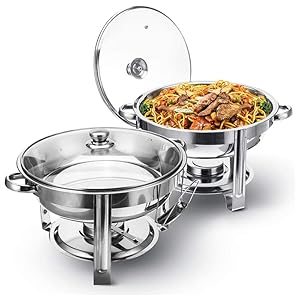 5QT Chafing Dish Buffet Set 2 Pack, [95% Assembled] Upgraded Round Chafing Dishes for Buffet with Glass Lid & Lid Holder, Stainless Steel Chafers and Buffet Warmers Set for Parties, Wedding