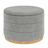 ZOLANOful Round Storage Ottoman with Tray Lid, Folding Chenille Fabric Footrest with Hidden Storage, 22.8' Large Footstool Side Table for Dorm Living Room Bedroom, Wood Grain Base, Grey