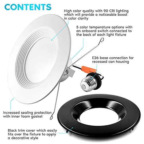 Luxrite 5/6 Inch Led Recessed Retrofit Downlight, 14W=90W, Cct Color Selectable 2700K | 3000K | 3500K | 4000K | 5000K, Dimmable Can Light, 1100 Lumens, Wet Rated, Energy Star, Black Trim (4 Pack) #TOP2