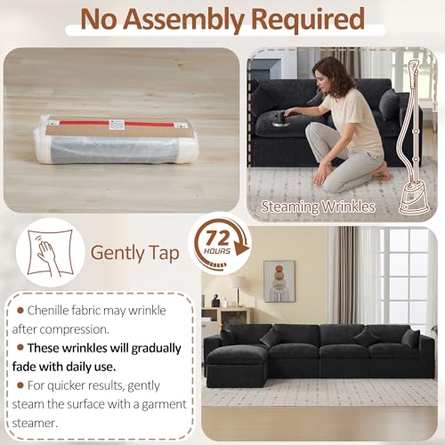 Image of 146''Cloud Boneless Sectional Couch, Modular Sectional Sofa Deep Seat with Ottoman, Oversized Upholstered Convertible Comfy 5 Seater Chenille Sofa L Shape Couches for Living Room, Dark
