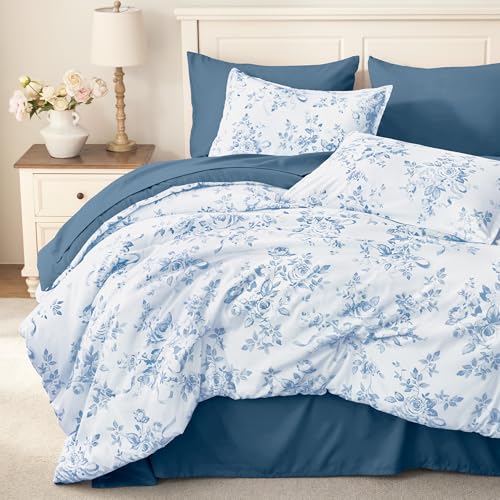 Image of Andency Floral Comforter Set Full Size, 7 Pieces Blue Flower Lightweight Bedding Set for All Seasons, Soft Vintage Bed in a Bag with Comforter, Sheets, Pillowcases & Shams