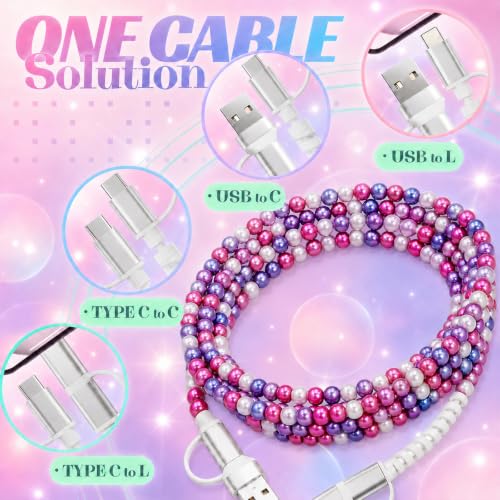Image of 4-in-1 Beaded Charging Cable, MFi Certified, Works with CarPlay, 6.6FT 60W Fast Charger Cord for iPhone 17 /16 /15 /14 /13 /12 /11, iPad, Samsung, Android and More (Berry Galaxy)