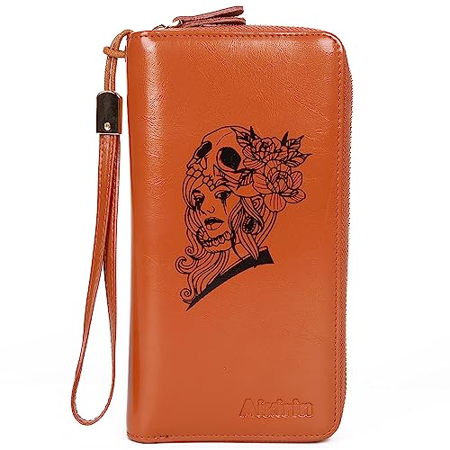 Aikirin Creative Women Leather Wallet RFID Blocking Zipper Wristlet Clutch Cards Holder with Phone Pocket (brown-skull beauty)