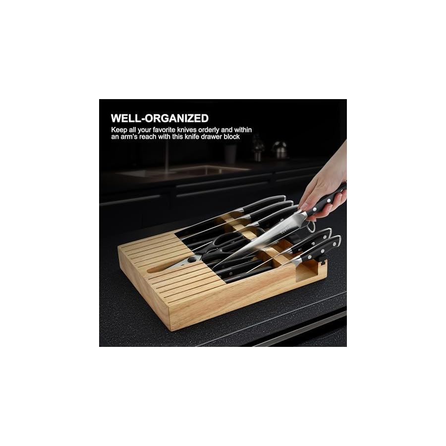 N NOBLE FAMILY Knife Set with Block, 16Pcs Kitchen Knives Drawer Organizer Set with Sharpener, Cutting Board, Anti-Slip Chef Knives Set with 6Pcs Steak Knives, Black