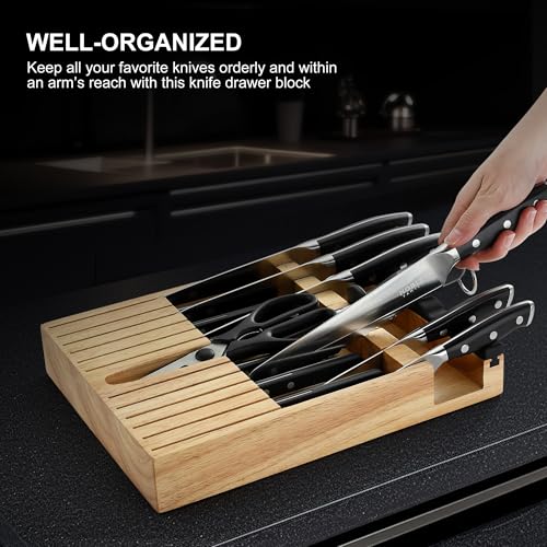 Image of Knife Set with Block, N NOBLE FAMILY 16Pcs Kitchen Knives Drawer Organizer Set with Sharpener, Cutting Board, Anti-Slip Chef Knives Set with 6Pcs Steak Knives, Black