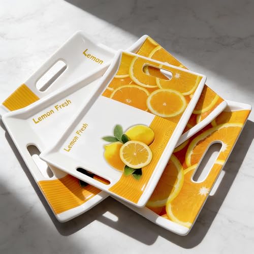 Image of U.P.C Premium Melamine Serving Tray Set of 3, Rectangular Serving Trays with Handles for Tea, Coffee, Drinks, Snacks & Breakfast, Durable Lightweight Kitchen Trays (FL24)