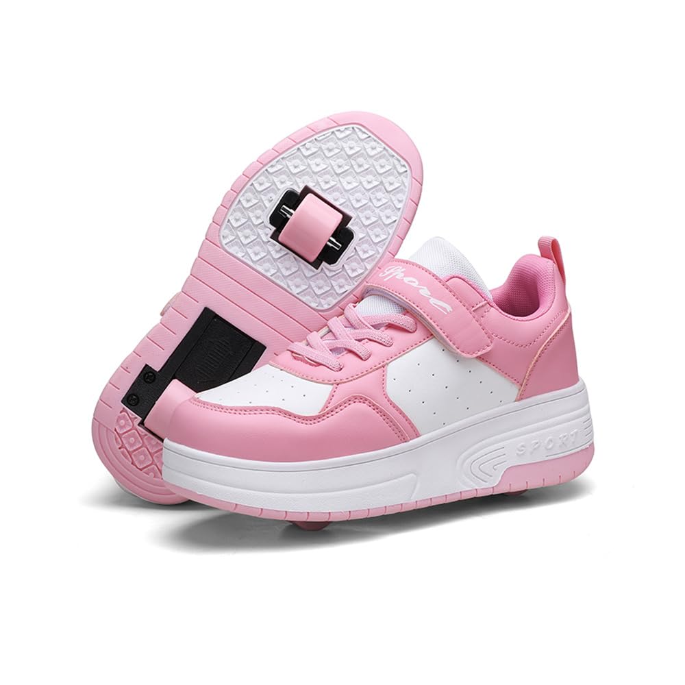 Hixingo Zapatillas con Ruedas Niña Niño, Negro/Rosa Zapatos con Dos Ruedas para Niñas 2 en 1 Zapatillas Patines Zapatillas Ruedas Niño, Zapatos Patines Calzado de Skateboarding Multifuncionales
