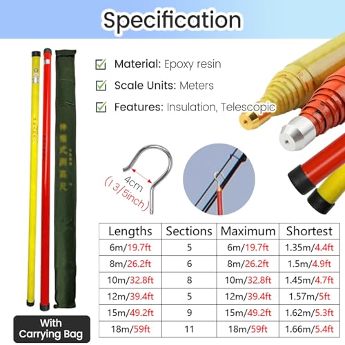 Telescoping Measuring Stick 2 Pack - 59ft/18m Yellow Distance Measuring Pole with Hook for Forestry, Utility, Linemen & Epoxy Resin Height Gauge,2pack,49ft/15m