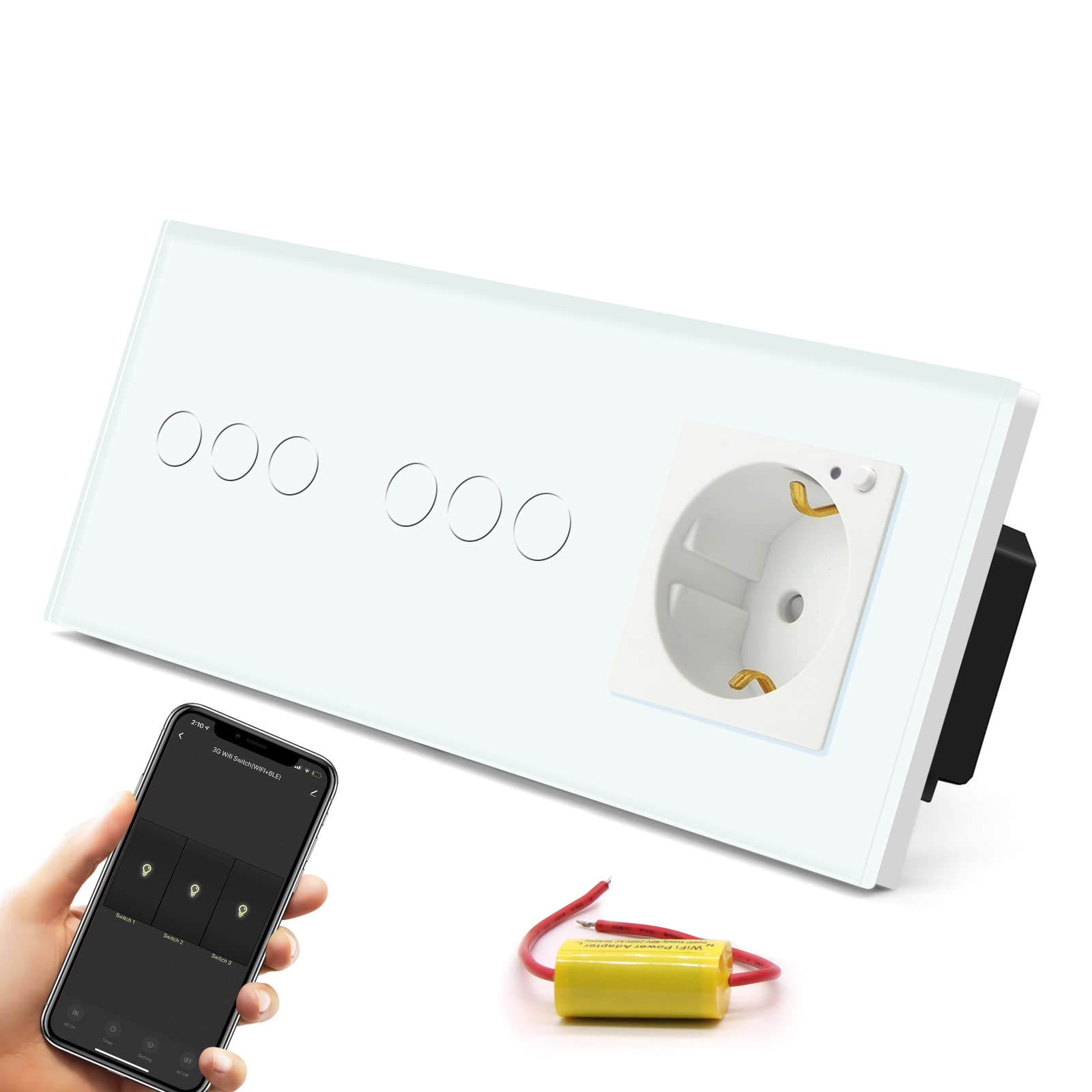 BSEED Gniazdko wtykowe Schuko Wi-Fi z przełącznikiem Single Live WiFi Touch, gniazdko ścienne, podtynkowe, pionowe, ze szkła, z podwójnym włącznikiem światła Smart Alexa (nie wymaga przewodu neutralnego), 3-krotne, 1-drożne, białe