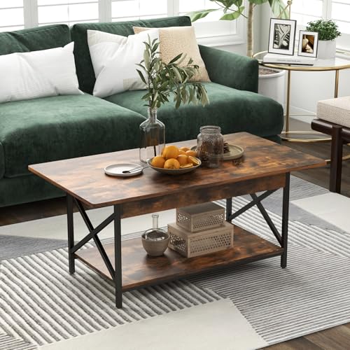 GOPLUS Mesa Baja de 2 Niveles Industrial con Patas Ajustables, Mesa de Centro Rectangular con Marco Metálico, Mesas de Café para Salón, Dormitorio, Oficina, 110 x 60 x 48 cm (Marrón)
