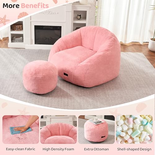 Image of HABUTWAY Bean Bag Chair, Giant Bean Bag Chairs for Adults with Ottoman, Comfy Faux Fur Shell-Shaped Bean Bag Couch, Sofa Chair for Living Room, Bedroom, Pink