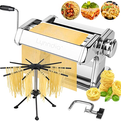 2 in 1 Pasta Maker with Pasta Rack, Lynndia Pasta Machine with 9 Dough Rollers with Adjustable Thickness and 2 Blade Dough Cutters and Desktop Fixing Clip, Suitable for Homemade Pasta,Spaghetti-SLIVER