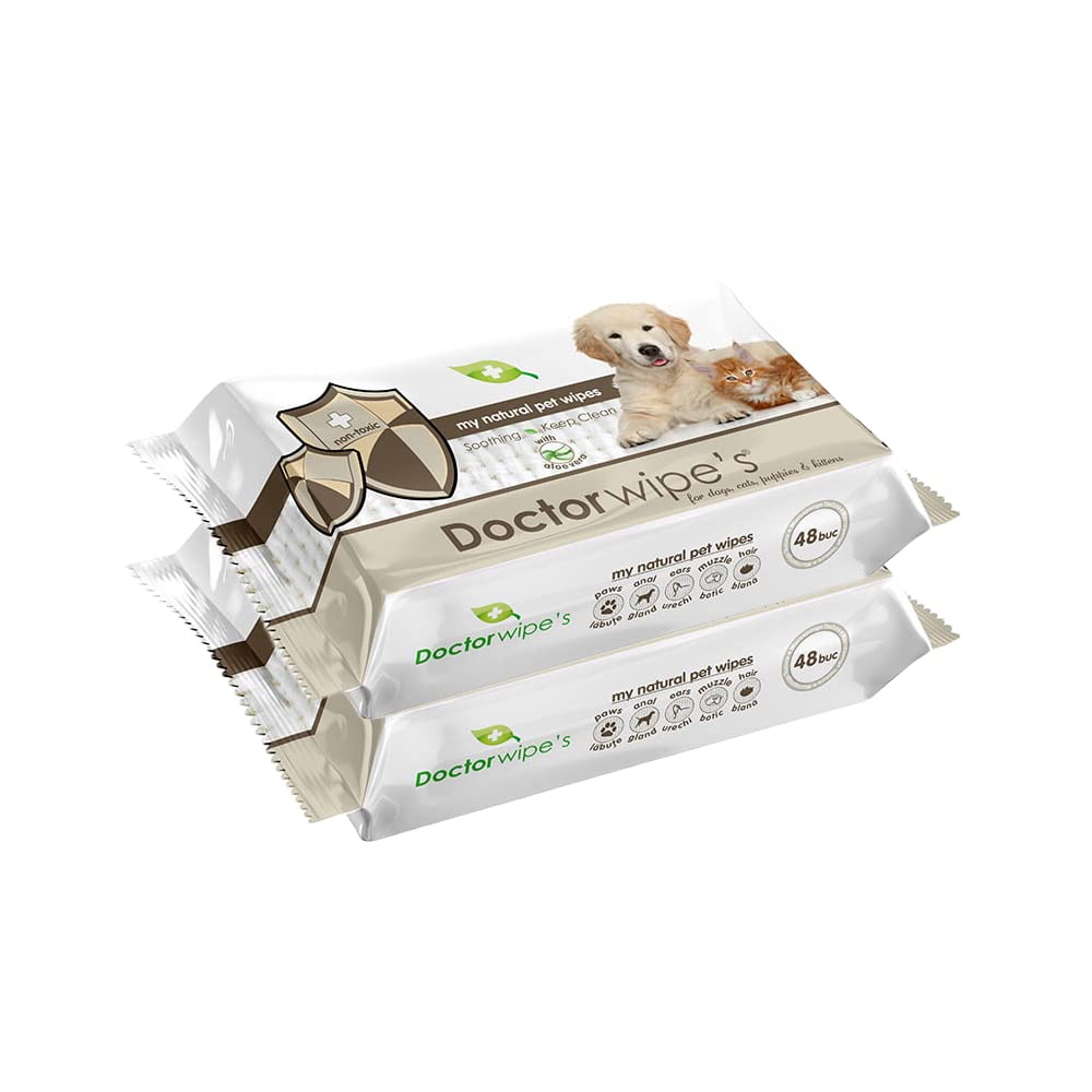 Doctor wipe'sPet Wipes for Dogs, Cats, Puppies and Kittens - 48 pieces with Aloe Vera; Non-Toxic; Soothing; Keep Clean - Pack of 3